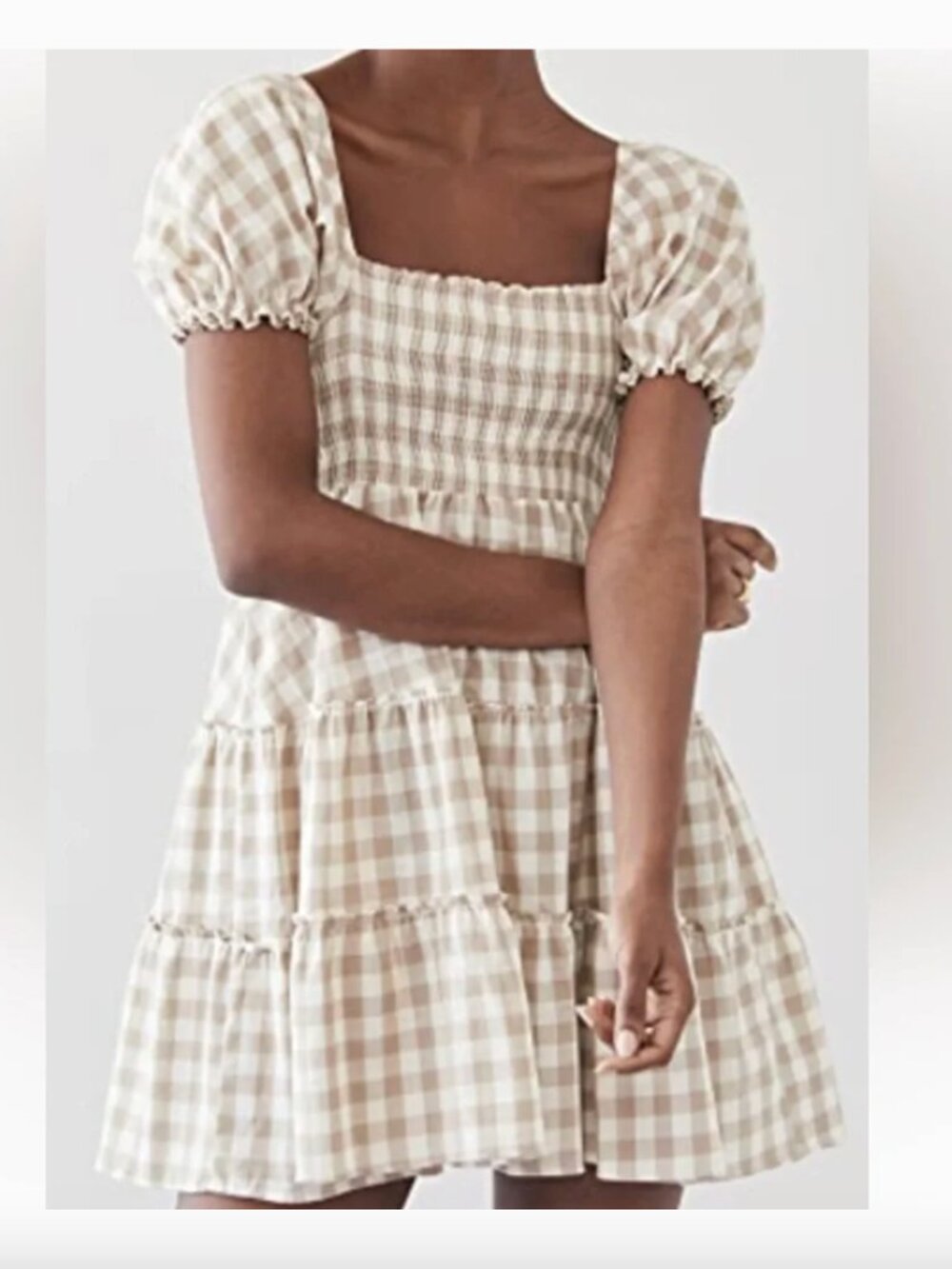 Peixoto Coco Beige and White Gingham Puff Sleeve Mini Dress Size Small